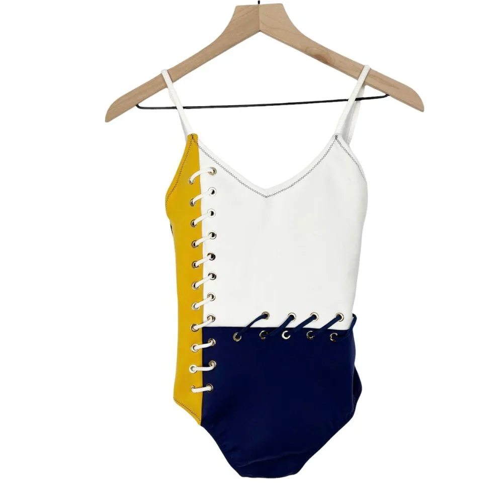 NWT Anthropologie Derek Lam Front Laced Up Color Blocked One Piece Swimsuit New - Picture 3 of 9